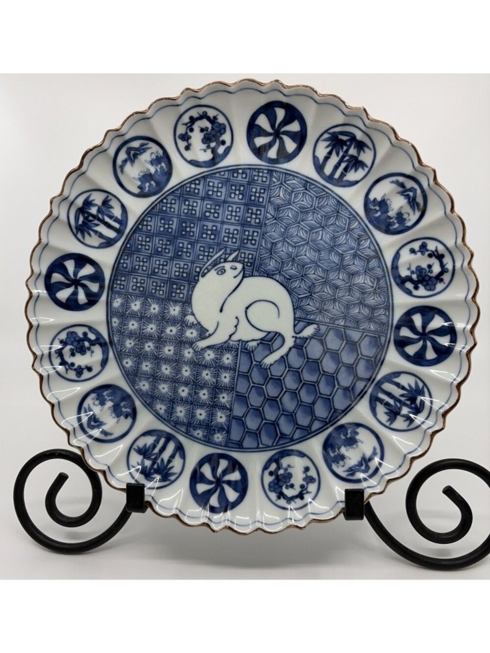Japanese Blue White Rabbit Charger Plate 10.5” Mino Ware Daikichi Kiln Vintage
